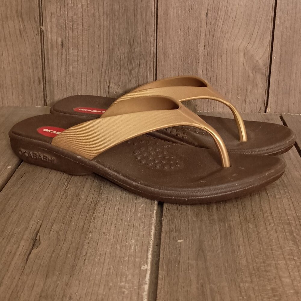 Okabashi Marina Women Flip Flops Slip on Sandals Size Small 5-6 Gold/Brown